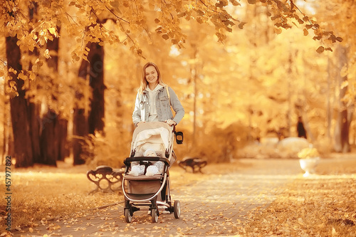 mom with a stroller in the autumn park for a walk, landscape autumn view october alley yellow park