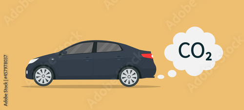 Car exhaust. Co2 smoke cloud from car. Icon of carbon emission from vehicle. Transport pollute air. Illustration for save environmental, ecology and atmosphere. Concept of clean ecosystem. Vector