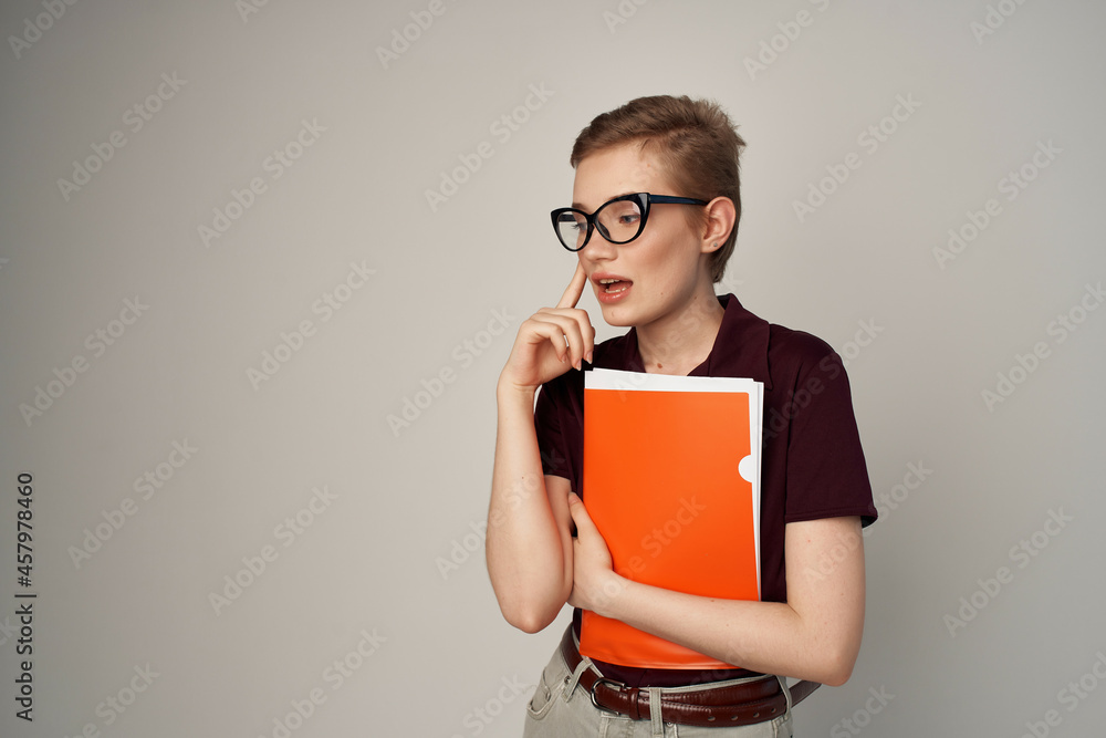 pretty woman in a red shirt classic style cropped view pretty woman in a red shirt classic style cropped view