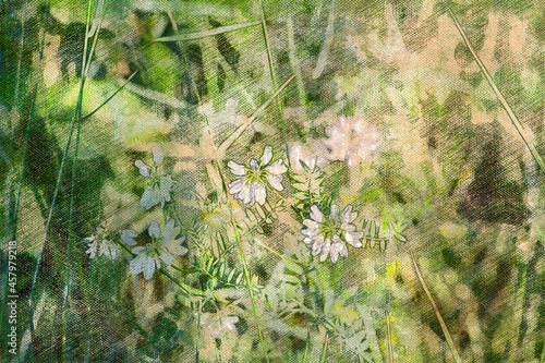 Green meadow with white flowers. Wild flowers and grasses. Digital watercolor painting.