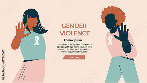 Gender violence concept Woman show stop gesture protest against racial or gender discrimination. Diverse female characters. Women day and right, sisterhood flat vector illustration, banner template