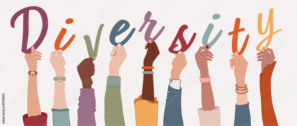 Raised arms of a group of diverse multi-ethnic international people holding the letters forming the word Diversity in their hands. Racial equality concept. Variety of people. Allyship
 - obrazy, fototapety, plakaty 