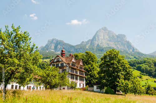 Schwyz, Dorf, Grosser Mythen, Kleiner Mythen, Mythenregion, Schwyzer Alpen, Wanderweg, Bergbahnen, Sommer, Schweiz photo