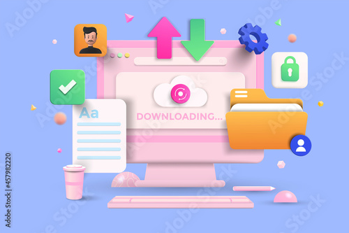File transfer, Data Sharing Service, Digital Document Transfer Concept with 3d shapes, folder, cog, cloud, infographic on blue background. 3d Vector Illustration