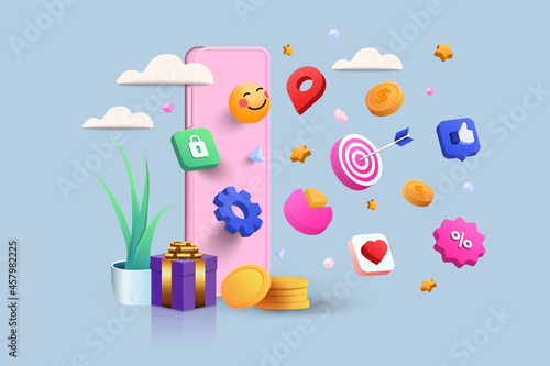Mobile Payment 3D Illustration, online shop, online payment and delivery concept with floating elements. sale banner, gift box, discount, social advertising. 3D Vector Illustration.