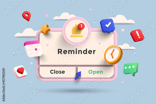 Reminder 3D Illustration, Notifications page with floating elements. Business planning ,events, reminder and timetable with 3d rendering. Vector Illustration. photo