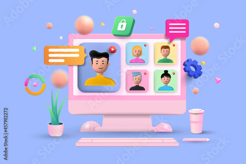 Online Meeting, Virtual Conference Video call, Briefing, Teamwork Concept with 3d shapes, chat box, cog, infographic on blue background. 3d Vector Illustration