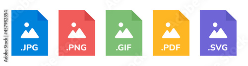 File formats icon. JPG, PNG, GIF, PDF and SVG file document icon vector illustration. photo