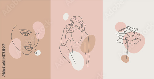 Vector minimalist style portrait. Continuous line flower, plant woman portrait. Hand drawn abstract feminine print. Use for social net stories, beauty logos, poster illustration, card
