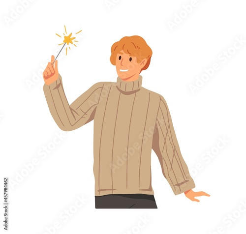 Happy man with festive sparkler in hand, celebrate winter holidays. Person an...
