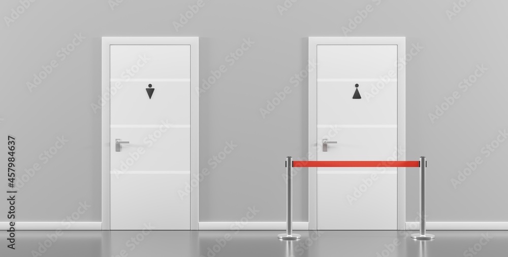 Public toilet doors for male and female with metal barrier and red belt fence in hallway. Realistic interior with closed entrance in wc room for women, in building airport, hotel or mall, 3d render Public toilet doors for male and female with metal barrier and red belt fence in hallway. Realistic interior with closed entrance in wc room for women, in building airport, hotel or mall, 3d render