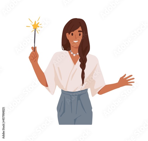 Happy woman with festive Christmas sparkler in hands, celebrate holiday. Offi...
