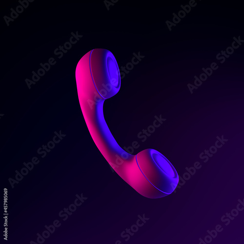 Vintage telephone handset neon icon. 3d rendering ui ux interface element. Dark glowing symbol. photo