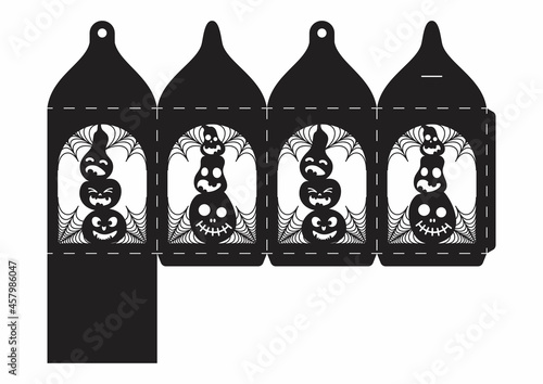 Happy Halloween treat box. Gift party favor box for sweets, candies, small presents, bakery. Simple packaging die cut template for laser cut with bats silhouette. Vector stock illustration