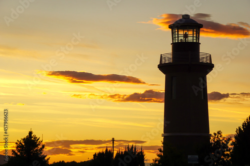 Lighthouse on Columbia river in Washington state at sunset