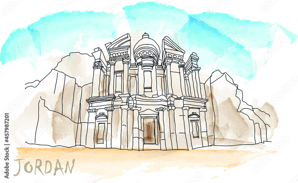 Al-Khazneh in Jordan, Petra icon. Ruins is desert. Isolated on white background vector illustration.