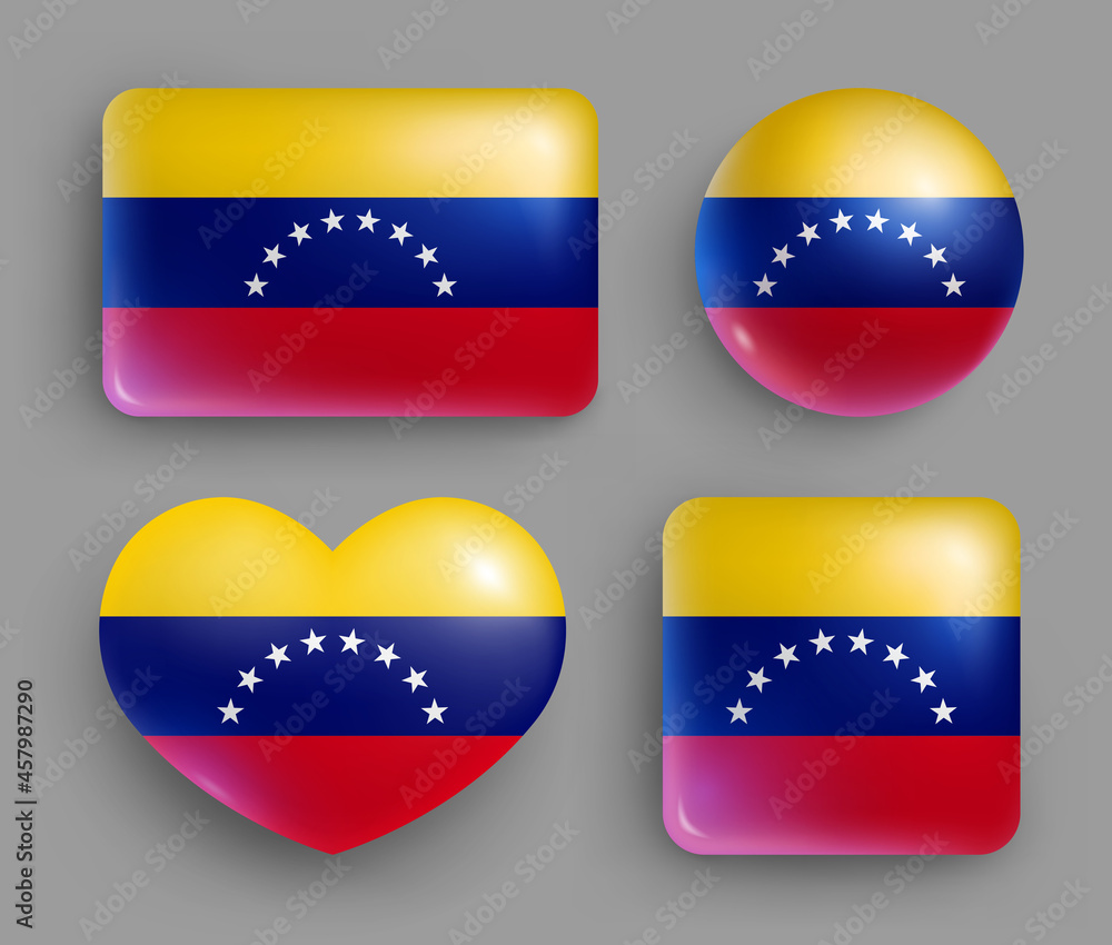 Set of glossy buttons with Venezuela country flag. South America country national flag, shiny geometric shape badges. Venezuela symbols in patriotic colors realistic vector illustration Set of glossy buttons with Venezuela country flag. South America country national flag, shiny geometric shape badges. Venezuela symbols in patriotic colors realistic vector illustration