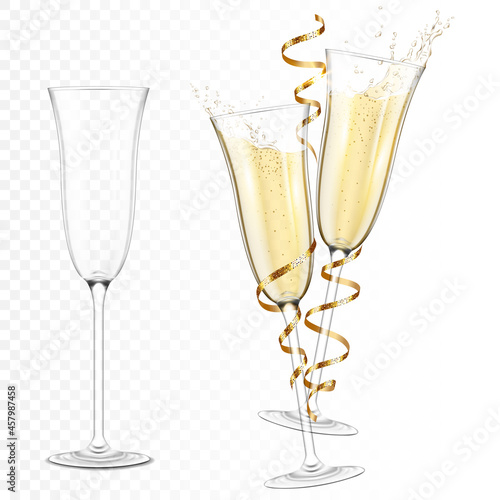 Set or Transparent realistic two glasses of champagne with ribbon and empty glass, isolated.