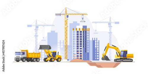 Construction site, building a house. Real estate business. Vector illustration.