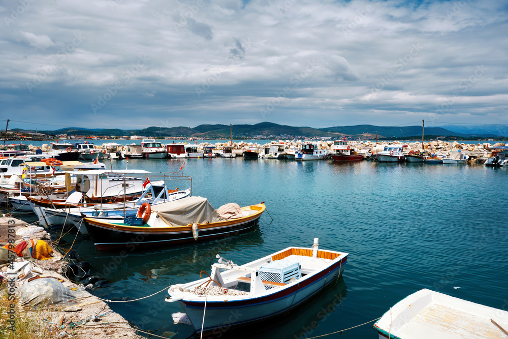 Boats moored at the Urla Kalabak harbor in Izmir, Turkey.