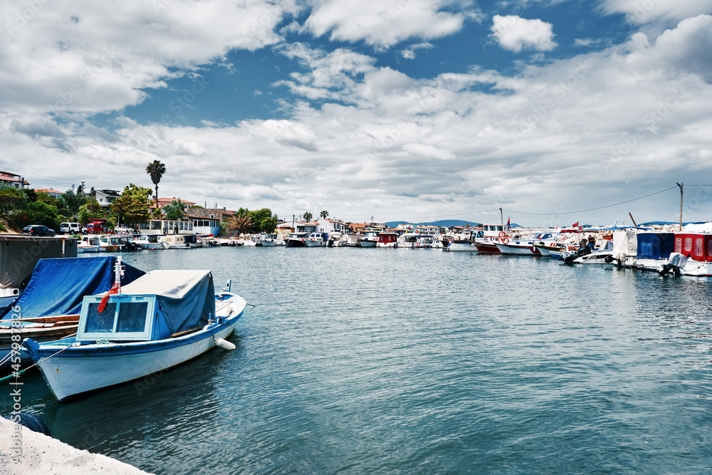 Boats moored at the Urla Kalabak harbor in Izmir, Turkey.