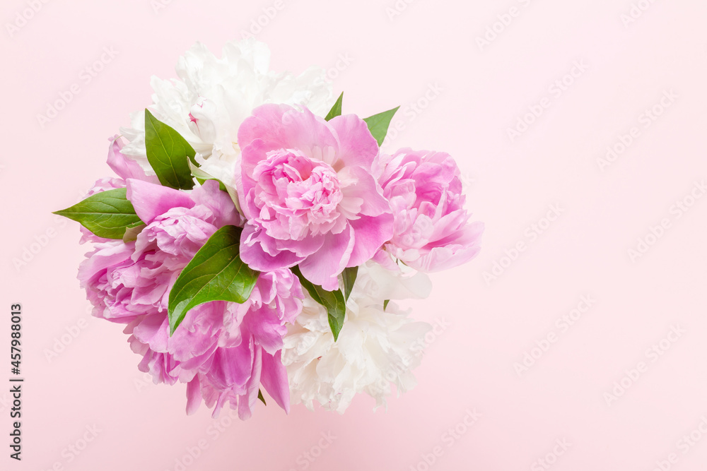 Beautiful garden peony flowers bouquet on pink Beautiful garden peony flowers bouquet on pink