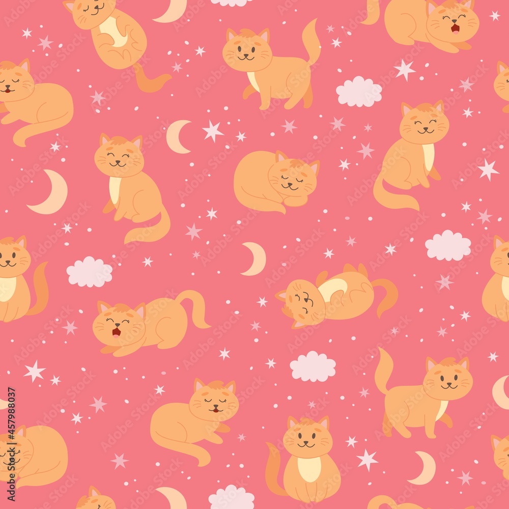 Cats pattern with moon, stars and clouds. Cute ginger cat character in cartoon style, vector illustration