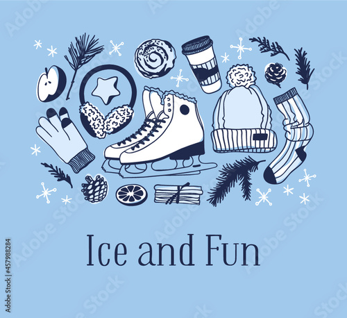 Christmas card with racing skates, fur headphones, hat, glove. Hand drawn fashion illustration. Creative ink art work. Actual Winter cozy vector drawing Ice Skating