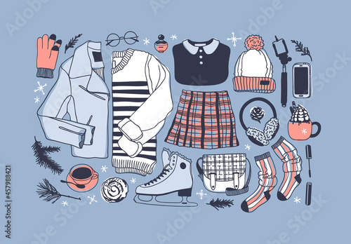 Hand drawn set with Ice Skating Things. Winter Sport vector background. Actual fashion illustration. Original doodle style drawing. Creative ink art work