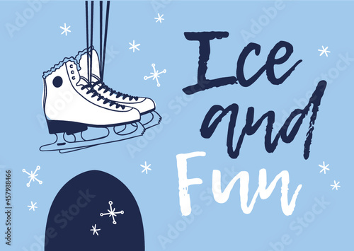 Christmas card with racing skates. Hand drawn fashion illustration. Creative ink art work. Actual Winter cozy vector drawing Ice Skating and text: Keep Calm and Skate on