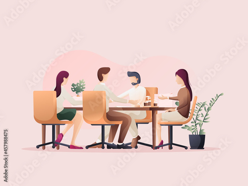 Everyone sat down and discussed matters in the meeting. Flat design Illustration about the discussion.