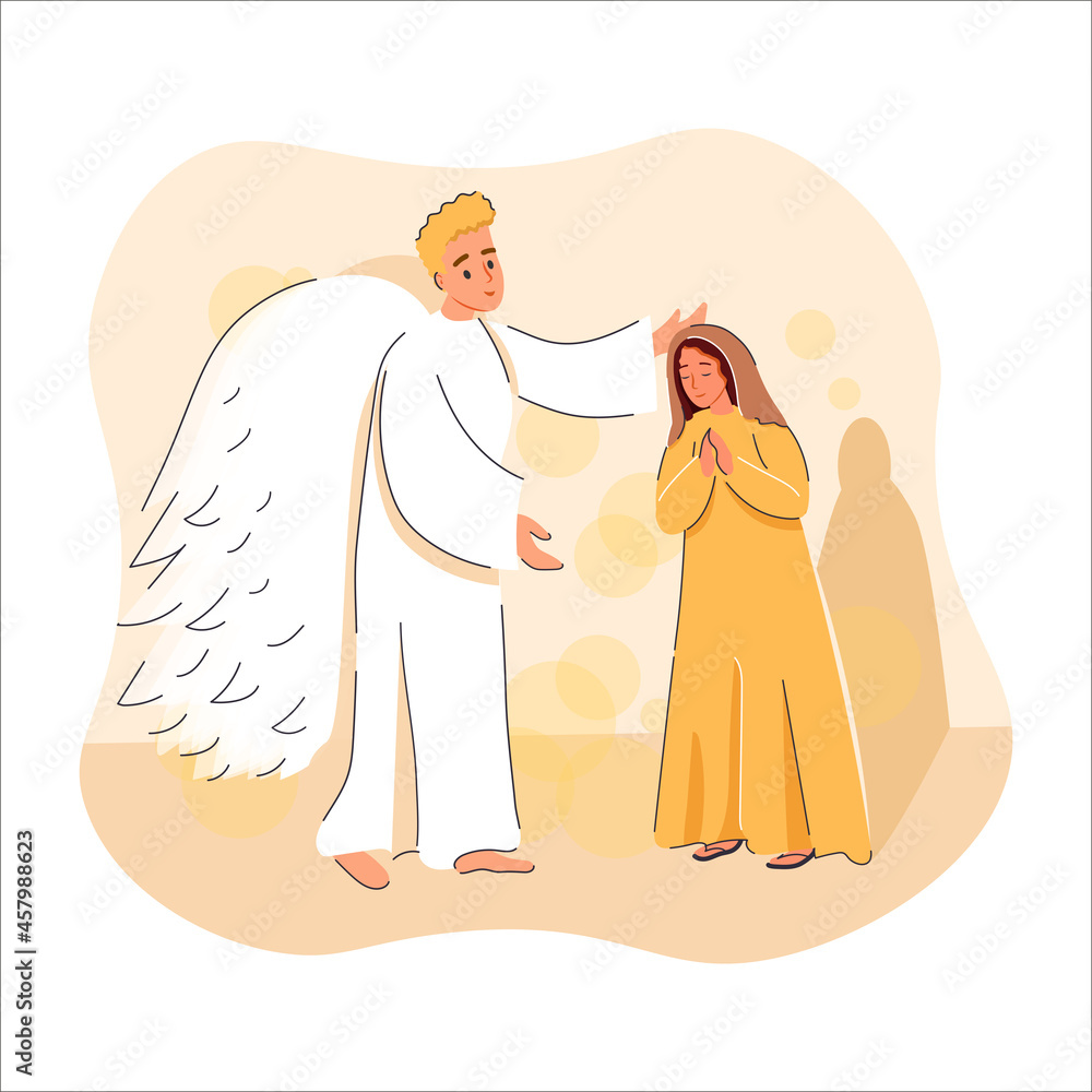 Virgin Mary with angel biblical vector illustration. Annunciation of the  Blessed Virgin Mary. Angel Gabriel visits Mary and tells that she will be  pregnant. Birth of Jesus Christ. Christian Nativity. Stock Vector |