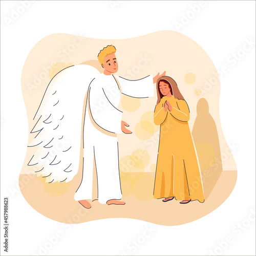 Virgin Mary with angel biblical vector illustration. Annunciation of the Blessed Virgin Mary. Angel Gabriel visits Mary and tells that she will be pregnant. Birth of Jesus Christ. Christian Nativity.