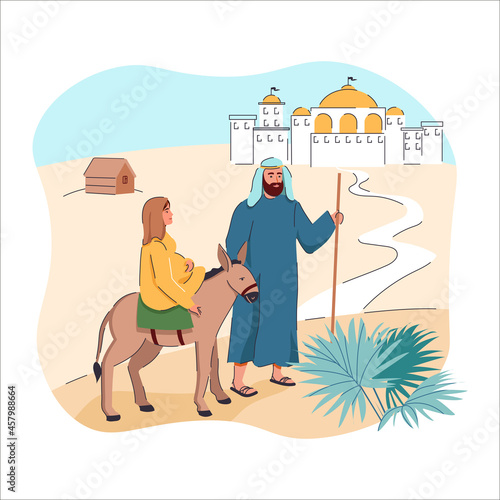 Joseph and pregnant Mary riding on donkey going to Bethlehem cartoon vector illustration. Virgin Mary  and Joseph bible story. Birth of Jesus Christ. Christian Nativity.
