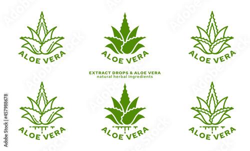 Stamps for packaging of cosmetic products. The label is aloe vera extract. Plant icon with flowing ingredient line. Aloe extract. Vector set.
