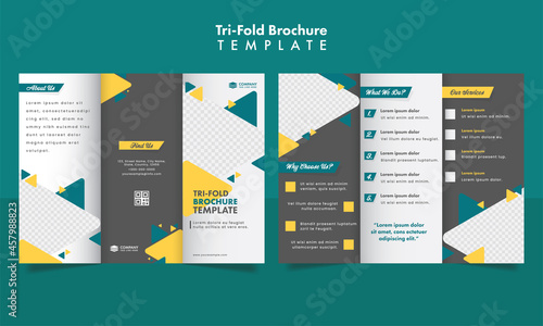 Tri-Fold Business Brochure Template Layout With Geometric Triangle Elements In Front And Back Side.