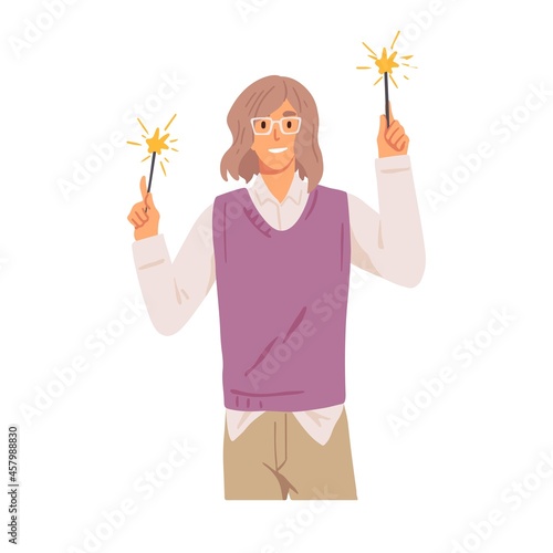 Happy man with festive sparklers in hands, celebrate winter holidays. Office ...