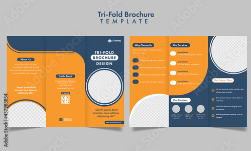 Tri-Fold Brochure Template Design With Space For Product Image In Orange And Blue Color.