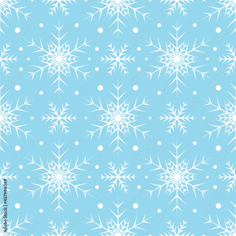 Seamless pattern with white snowflakes on blue background. Festive winter traditional decoration for New Year, Christmas, holidays and design. Ornament of simple line repeat snow flake
