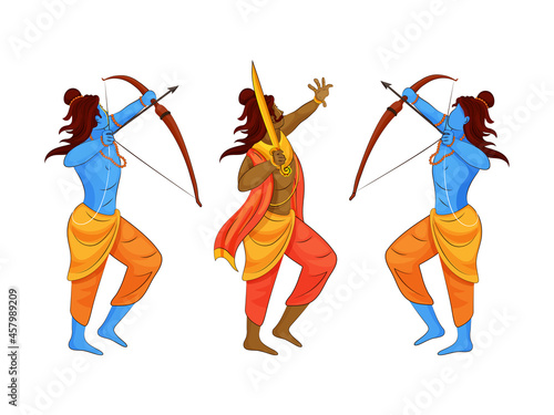 Demon Ravana King And Lord Rama In Two Pose On White Background.
