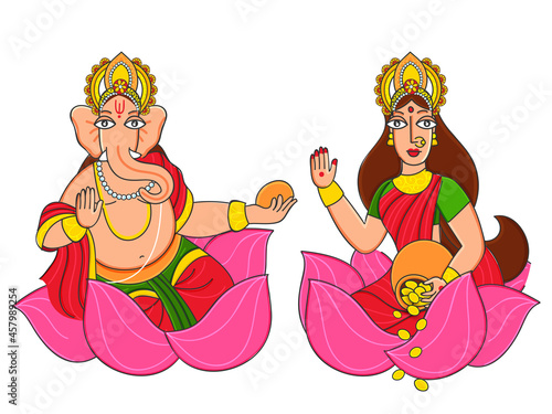 Statue Of Lord Ganesha And Goddess Lakshmi Sitting On Lotus Flower.