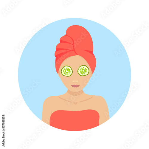 Woman with a towel on her head applying facial mask. Beauty treatment spa therapy. Beauty, wellness and health concept. Vector illustration.