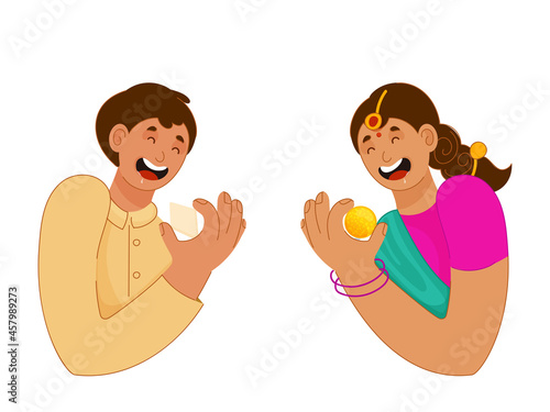 Cheerful Young Boy And Girl Holding Sweets On White Background.