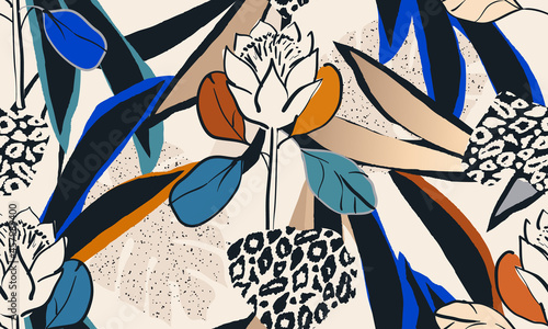 Hand drawn floral trendy abstract pattern with leopard skin. Fashionable template for design. Modern cartoon style. 