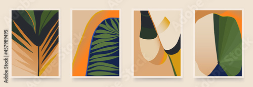 Aesthetic minimalist abstract plants illustrations. Contemporary wall decor. Collection of trendy artistic posters. Warm colors palette.