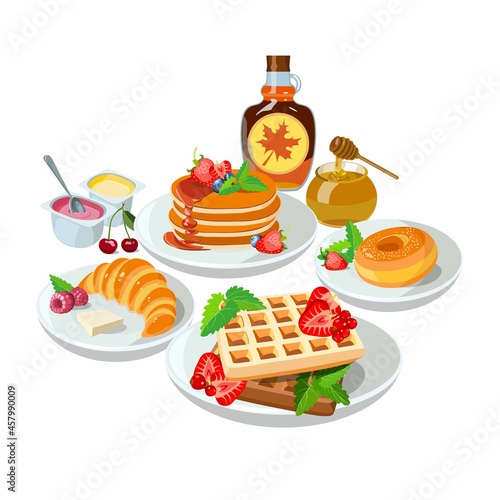Sample breakfast desserts: pancakes, maple syrup, honey, donut. Classic hotel set with belgian waffles, yogurt, croissant for menu poster. Brunch healthy start day options food. Vector illustration.
