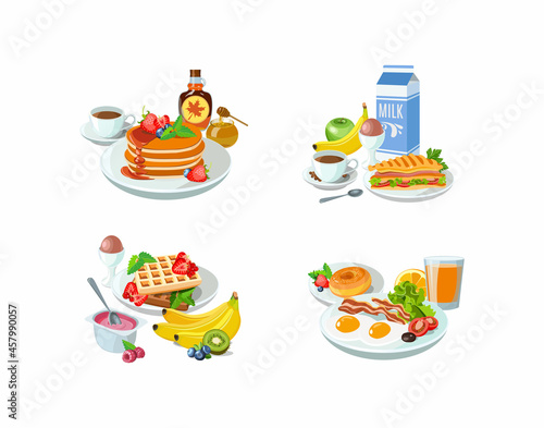 Breakfast banners template food design with different samples of set products. Pancakes with maple syrup, sandwiches with toast, donut waffles with milk, eggs and yogurt. Vector illustration.