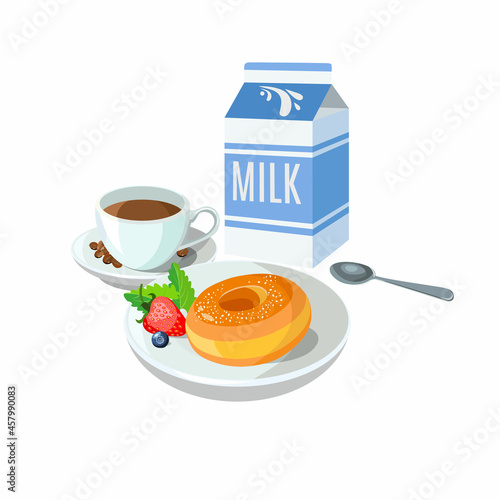 Sample breakfast of donut icon with berries on plate. coffee with milk. Classic hotel morning set for menu poster. Brunch healthy start day options food. Vector illustration