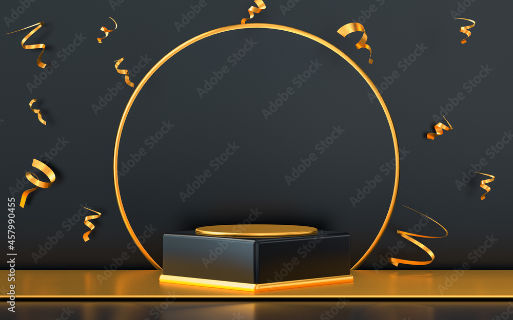 3d rendering empty space podium display with gold confetti