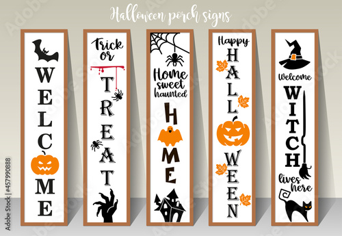 Halloween lettering with pumpkin, spiders, web. Vertical halloween sign. Front Porch Sign.